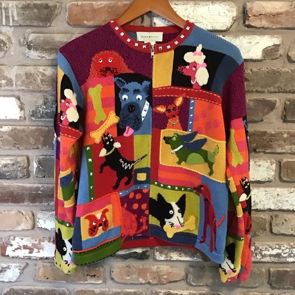 SUSAN BRISTOL VTG Multicolor Dog Whimsy Colorblock Full Zip Cardigan Sweater M - Picture 4 of 6